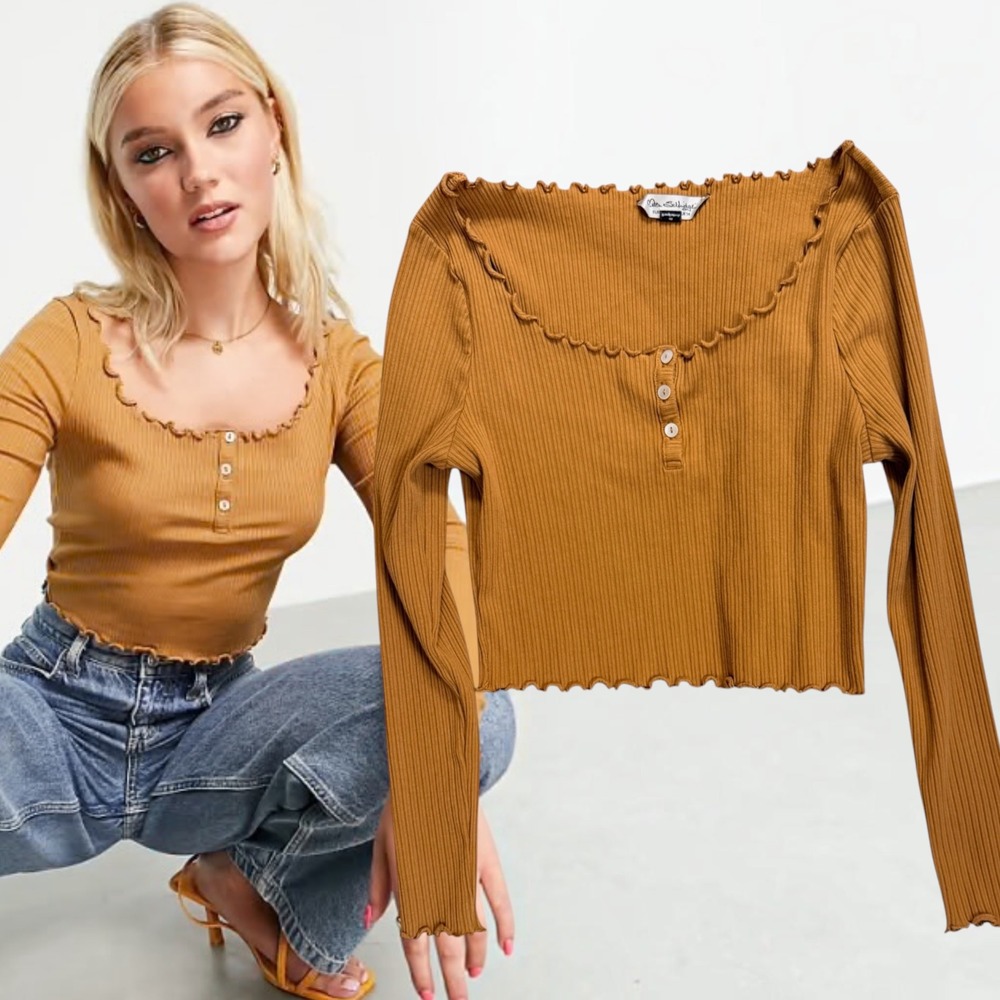 Miss Selfridge Ribbed Henley Top Lettuce Edge Mustard Yellow Size 10